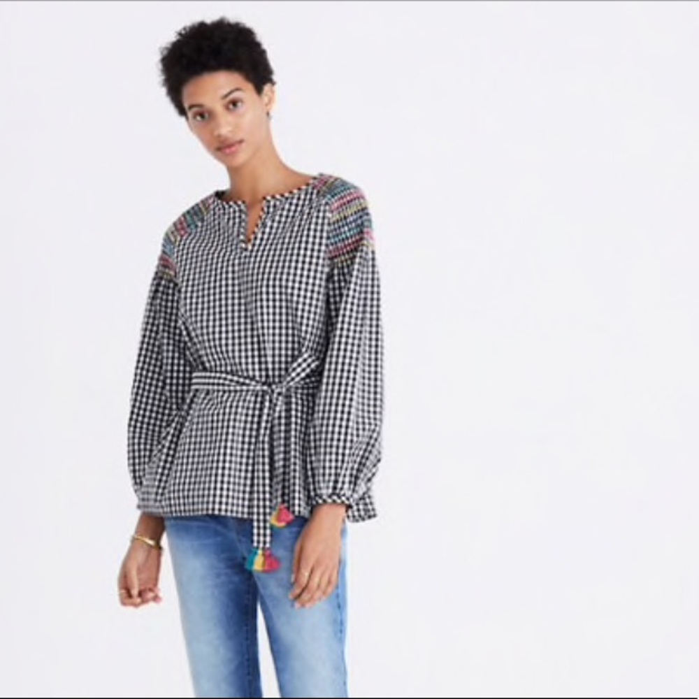 Madewell smocked Gingham Top